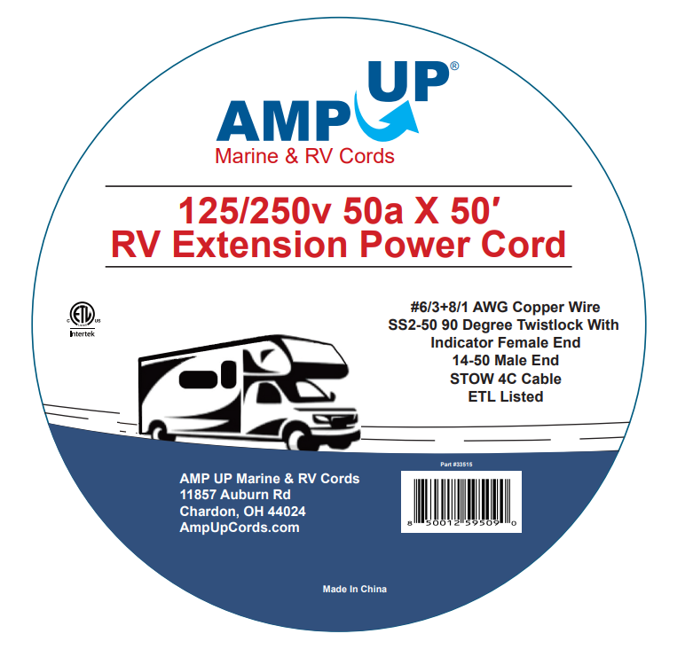 RV or Generator 125/250 Volt 50 Amp 50' 14-50p x SS2-50r Adapter Extension Cord - 33515