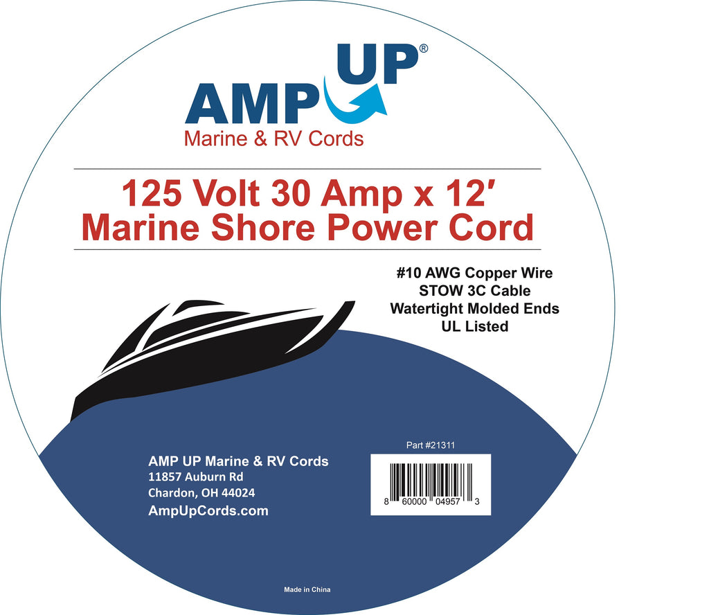 30A 125V Marine Shore Power Boat Cord Cable 12' Yellow - 21311