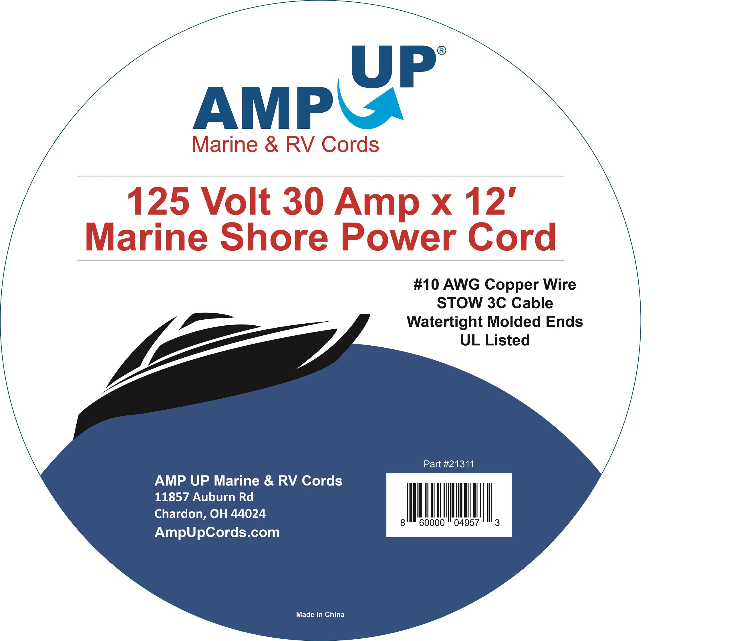 30A 125V Marine Shore Power Boat Cord Cable 12' Yellow - 21311