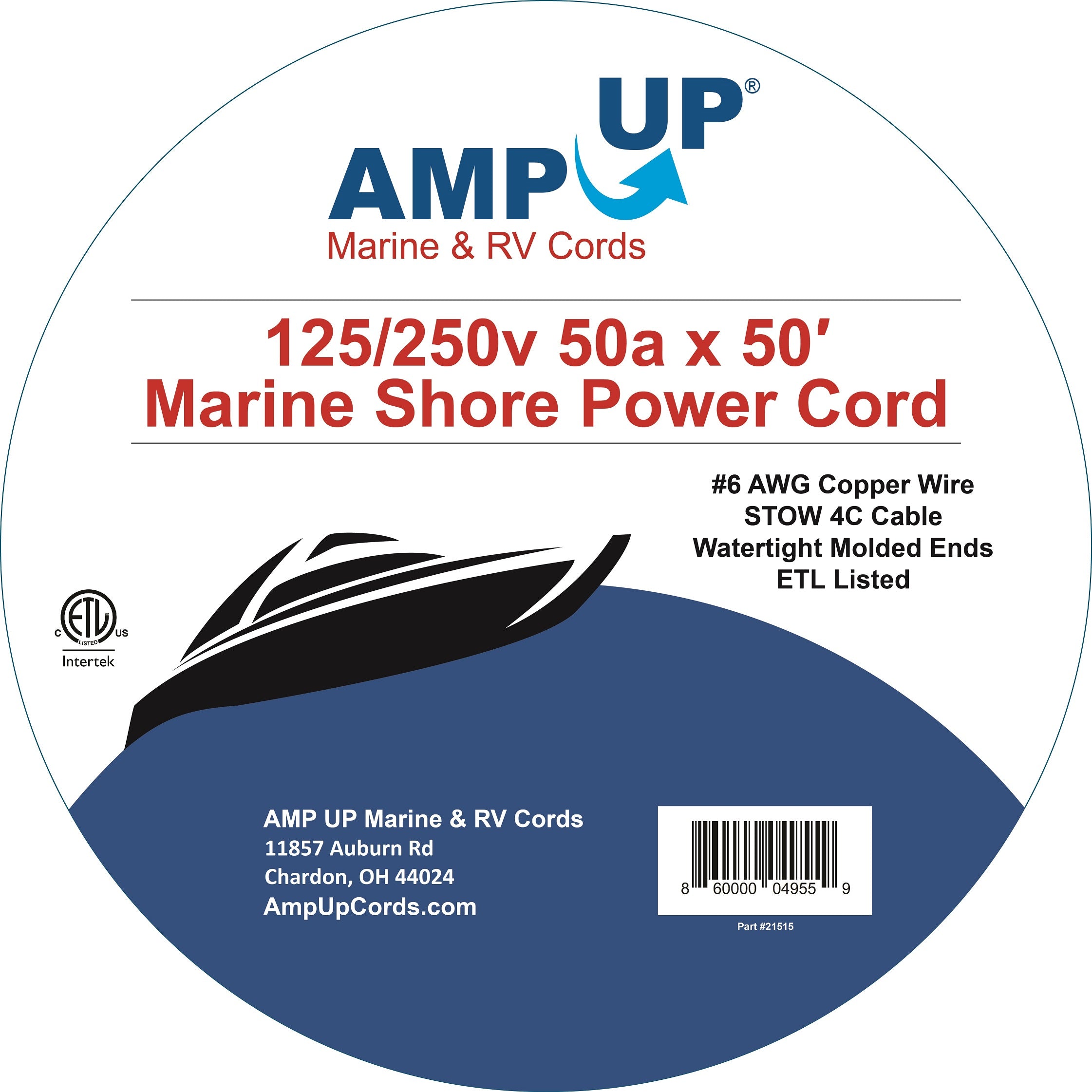 50A 125/250V Marine Shore Power Boat Cord 25' Yellow - 21512