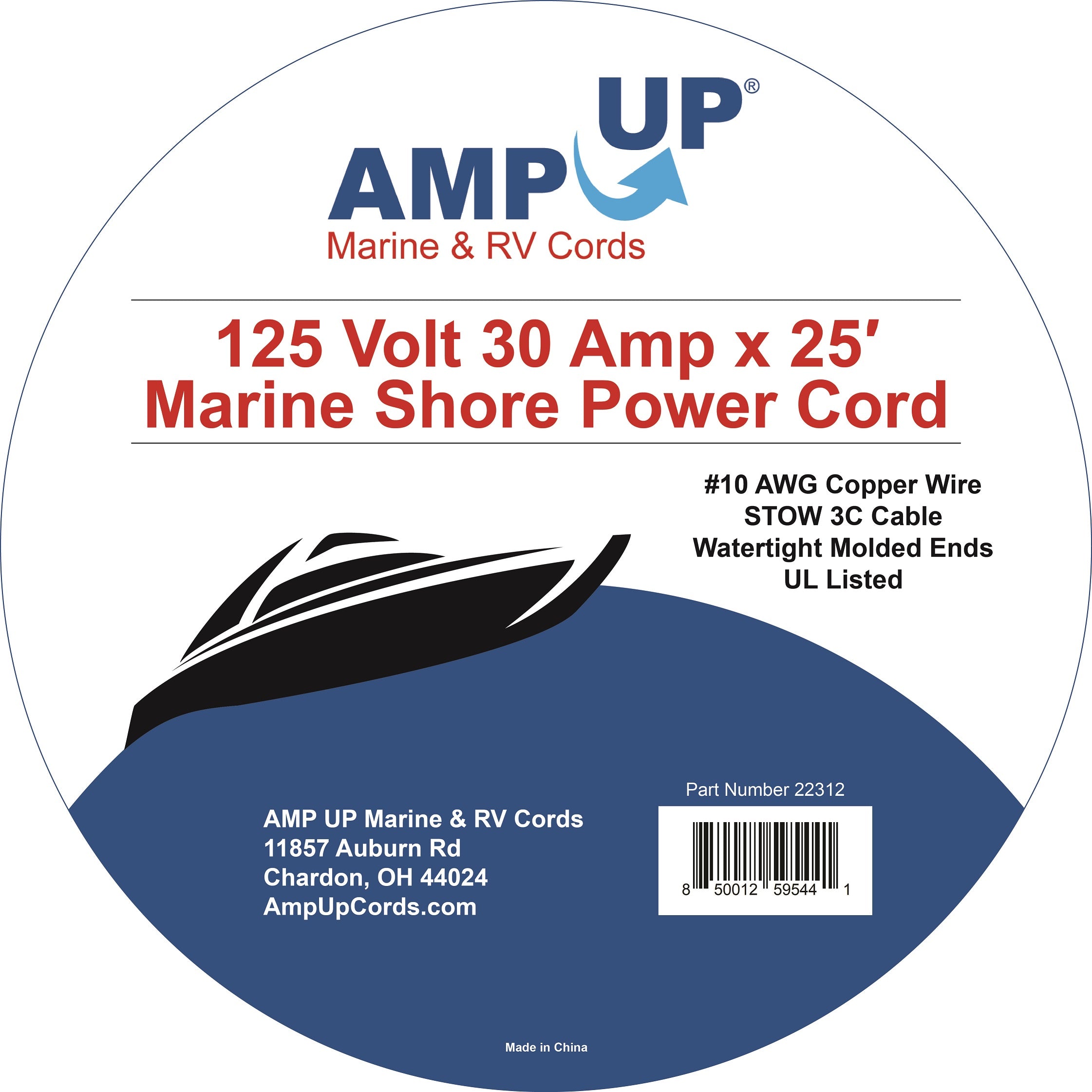 30A 125V Marine Shore Power Boat Cord Cable 25' White - 22312