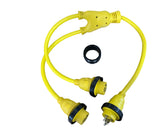 30A 125V Male to (2) 30A 125V Female Yellow Y Marine Splitter Shore Power Boat Adapter - 21323