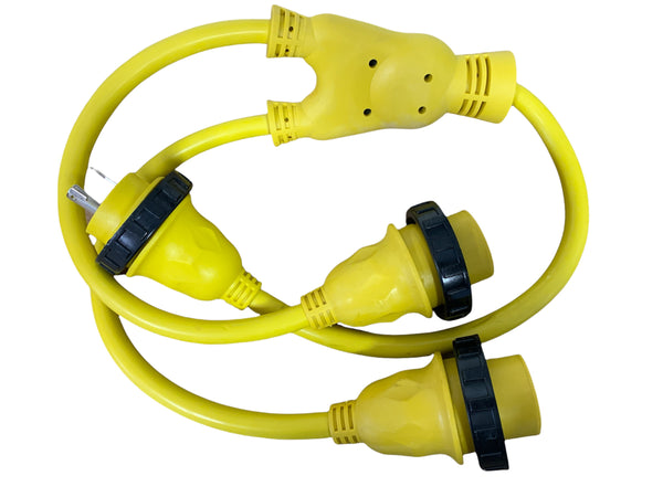 30A 125V Male to (2) 30A 125V Female Yellow Y Marine Splitter Shore Power Boat Adapter - 21323